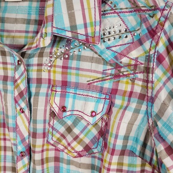 L ARIAT embroidered metallic snap plaid WESTERN RODEO PINK SILVER shirt LARGE - Picture 6 of 15